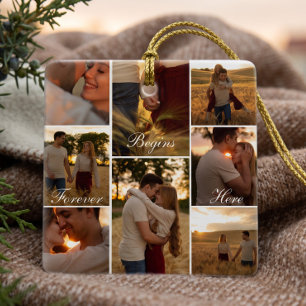 First Christmas Engagement Photo Collage Keepsake Ceramic Ornament