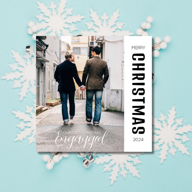 First Christmas Engayged Gay Pride Custom Photo Holiday Card (Creator Uploaded)