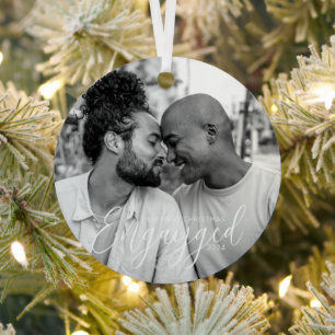 First Christmas Engayged Gay Pride Personalized Metal Ornament