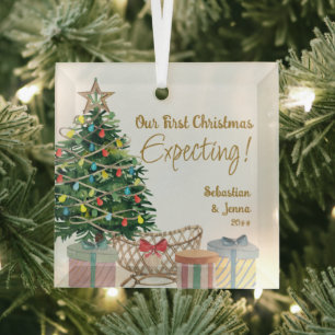 First Christmas Expecting Christmas Tree and Crib Glass Ornament