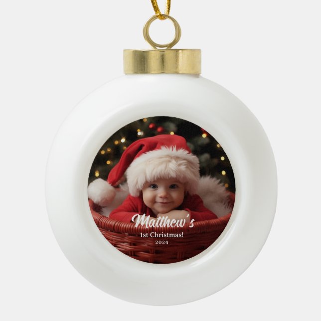 First Christmas Family Customizable Snowflake  Ceramic Ball Christmas Ornament (Front)