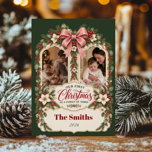 First Christmas Family of 3 2 Photos Holiday Card