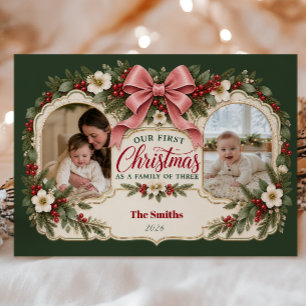 First Christmas Family of 3 2 Photos Holiday Card