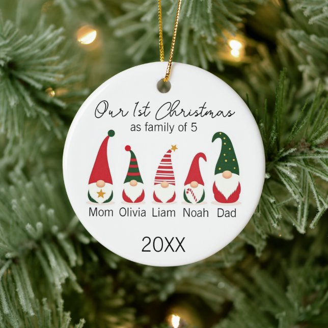 First Christmas Family of five Gnomes Scandinavian Ceramic Ornament (Tree)