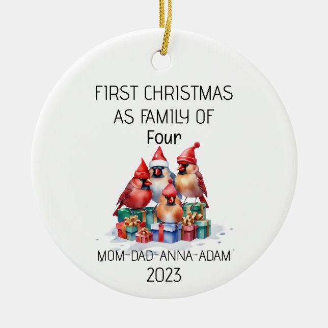 First Christmas Family of Four Cardinal Birds Ceramic Ornament (Front)