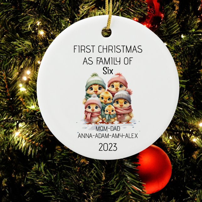 First Christmas Family of Six Cute Chicks Ceramic Ornament (Creator Uploaded)
