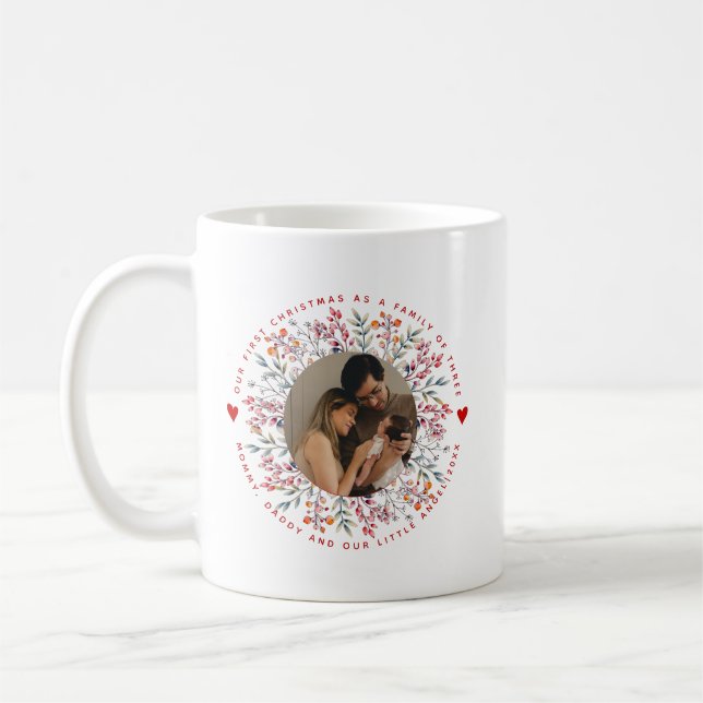First Christmas family of three berry border photo Coffee Mug (Left)