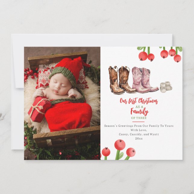 First Christmas Family of Three Cowboy Boots Photo Holiday Card (Front)