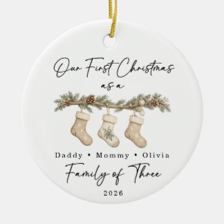 First Christmas Family of Three Custom Ceramic Ornament