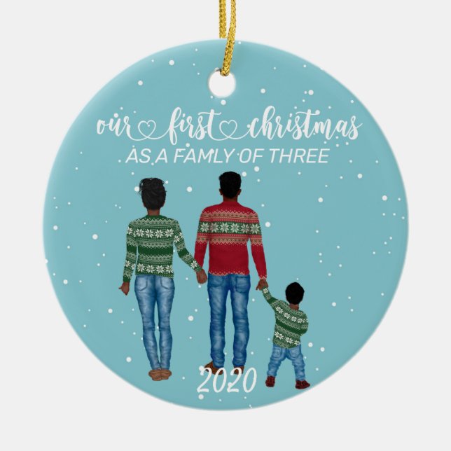 First Christmas Family of Three Ethnic Boy Ceramic Ornament (Front)