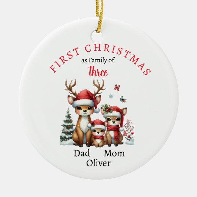 First Christmas family of three Keepsake Photo Ceramic Ornament (Front)