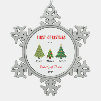 First Christmas family of three Keepsake Snowflake Pewter Christmas Ornament