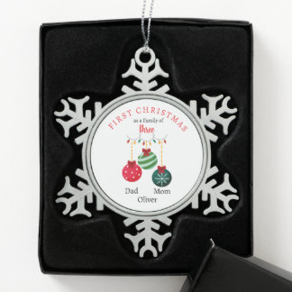 First Christmas family of three Keepsake Snowflake Pewter Christmas Ornament