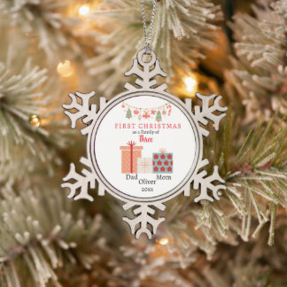 First Christmas family of three Keepsake Snowflake Pewter Christmas Ornament