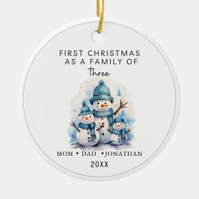 First Christmas Family of Three Penguins Ceramic Ceramic Ornament (Front)