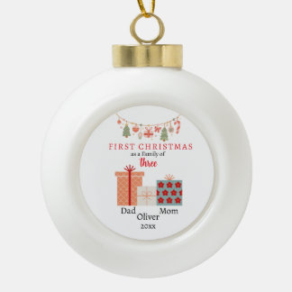 First Christmas family of three Photo Keepsake Ceramic Ball Christmas Ornament