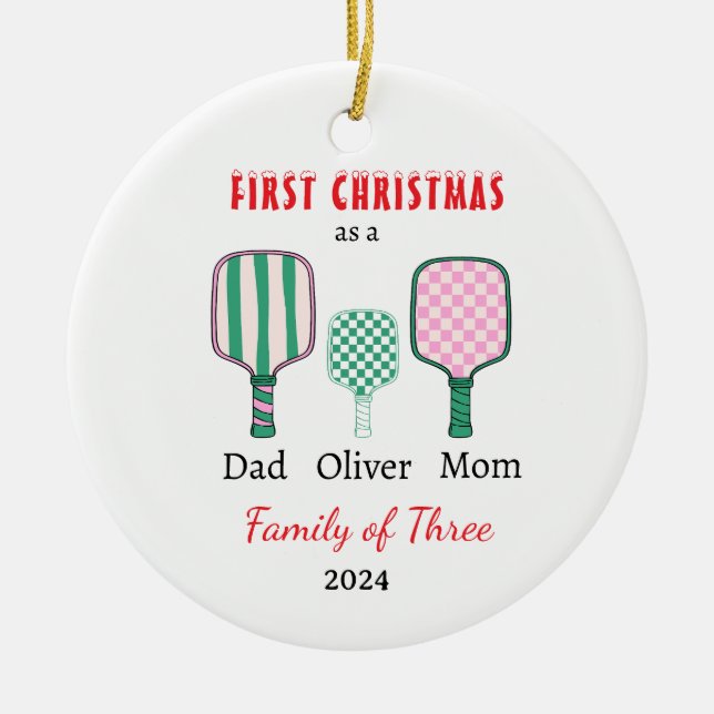 First Christmas family of three Photo Keepsake Ceramic Ornament (Front)