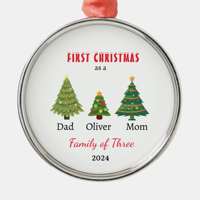First Christmas family of three Photo Keepsake Metal Ornament (Front)
