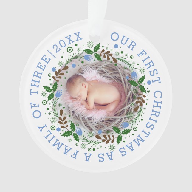 First Christmas family of three wreath blue photo Ornament (Front)