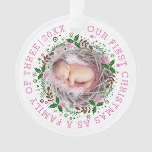 First Christmas family of three wreath pink photo Ornament