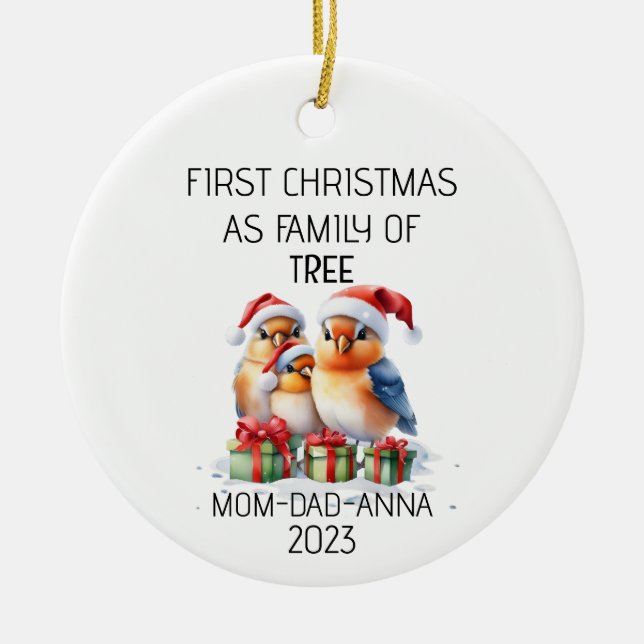 First Christmas Family of Tree Birds Ceramic Ornament (Front)