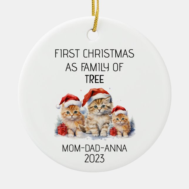First Christmas Family of Tree Cats Ceramic Ornament (Front)