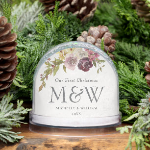 First Christmas Floral Monogram Photo Snowglobe