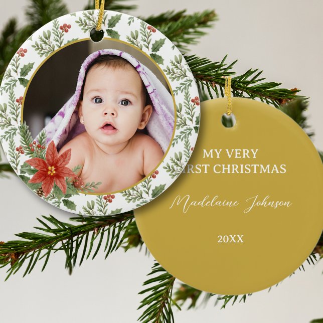 First Christmas Floral Photo Gift Ceramic Ornament (Creator Uploaded)