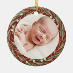 First Christmas Floral Wreath Photo Baby Ceramic Ornament