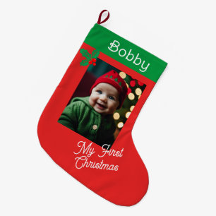 First Christmas for Baby Boy or Girl Red & Green Large Christmas Stocking