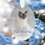 First Christmas Forever Home Pet Photo Blue Oval Ornament<br><div class="desc">Commemorate your pet's first Christmas in their new home with this beautiful modern keepsake ornament. The words "First Christmas" appear in elegant blue script. Replace the sample image with a photo of your cat or dog and add their name and the year in blue sans serif font. A white gradient...</div>