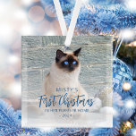 First Christmas Forever Home Pet Photo Blue Square Glass Ornament<br><div class="desc">Commemorate your pet's first Christmas in their new home with this beautiful modern keepsake ornament. The words "First Christmas" appear in elegant blue script. Replace the sample image with a photo of your cat or dog and add their name and the year in blue sans serif font. A white gradient...</div>