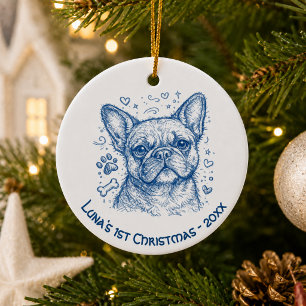 First Christmas French Bulldog blue lineart doodle Ceramic Ornament