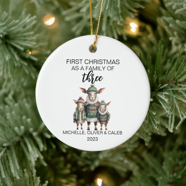 First Christmas Goat Family of Three Ceramic Ornament (Tree)