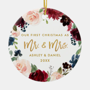 First Christmas Gold Floral Photo Back Ceramic Ornament