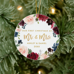 First Christmas Gold Script Watercolor Floral Ceramic Ornament