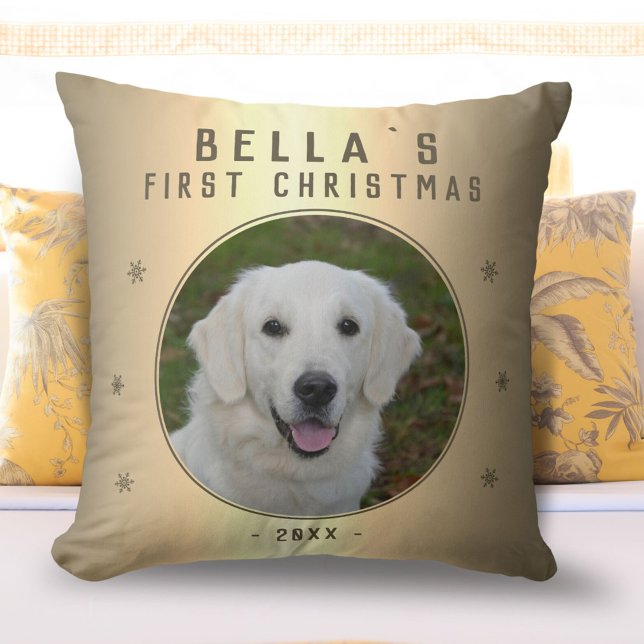 First Christmas Golden Snowflake Puppy Photo Throw Pillow (Creator Uploaded)