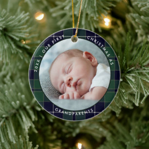 First Christmas Grandparent Blue Green Plaid Photo Ceramic Ornament