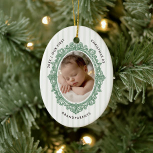 First Christmas Grandparent Vintage Stripes Photo Ceramic Ornament