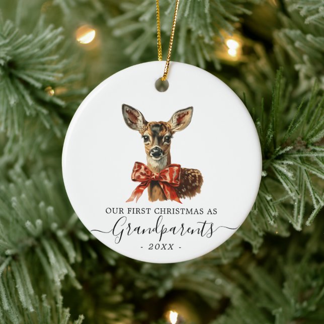 First Christmas Grandparents baby deer double side Ceramic Ornament (Tree)