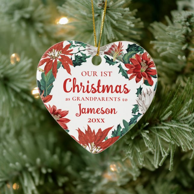 First Christmas Grandparents Floral Wreath Photo Ceramic Ornament (Tree)