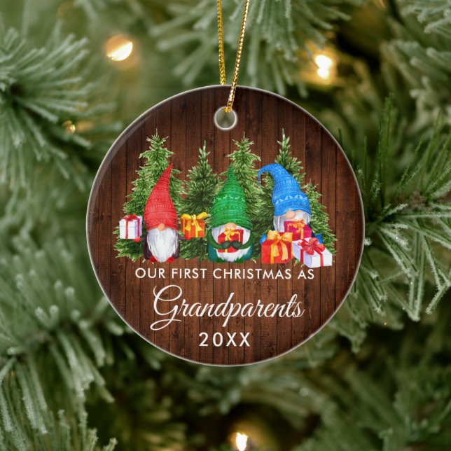 First Christmas Grandparents Gnomes Wood Trees Ceramic Ornament (Tree)