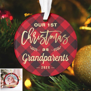 First Christmas Grandparents Gold Red Plaid Photo Ornament