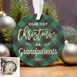 First Christmas Grandparents Green Tartan Photo Ornament<br><div class="desc">***** Don't forget to upload your favorite photo on the back. If you don't need the photo placement, you can remove it using design tool ***** Celebrate your First Christmas as Grandparents with this Classy Green Plaid Photo Ornament. Adding a favorite photo and text to this graceful design for a...</div>