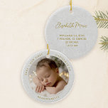 First Christmas Grandparents Minimal Gold Photo Ceramic Ornament<br><div class="desc">Celebrate the magical milestone of being new grandparents with this beautiful Grandparents' First Christmas Baby Photo Ornament! This elegant ceramic ornament is designed to cherish that special "first Christmas" with your beloved grandchild. The front features a round photo template to perfectly showcase your precious baby's picture, set against a stunning...</div>