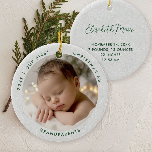 First Christmas Grandparents Minimal Green Photo Ceramic Ornament (first christmas grandparents photo ornament gift modern simple minimal typography white green)