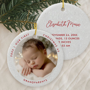 First Christmas Grandparents Minimal Red Photo Ceramic Ornament