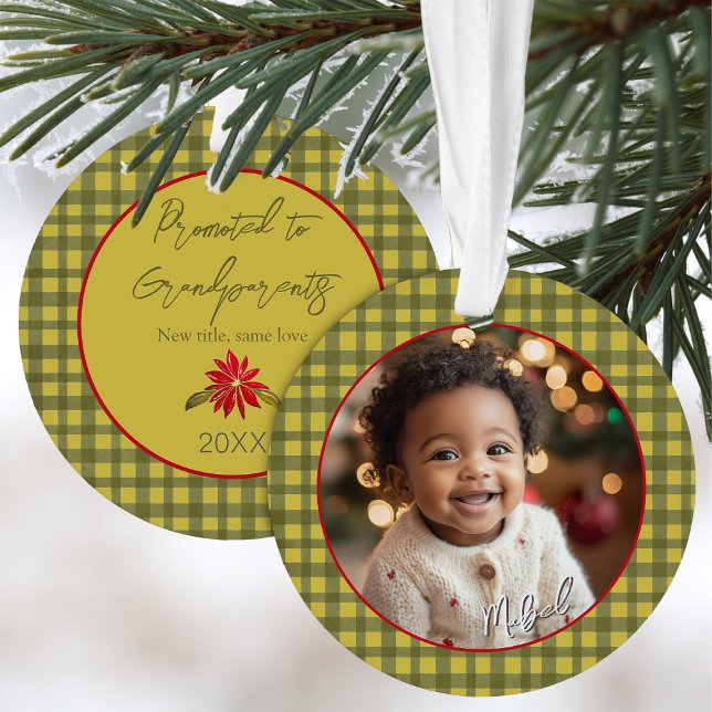 First Christmas Grandparents Photo Green Gingham Ornament (Creator Uploaded)