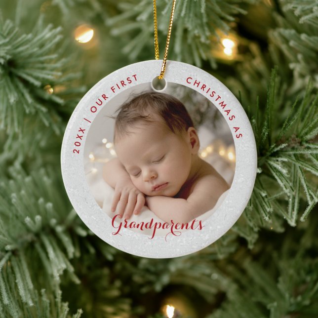 First Christmas Grandparents Red Script Photo Ceramic Ornament (Tree)
