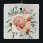 First Christmas Grandparents Winter Greenery Photo Ceramic Ornament<br><div class="desc">First Christmas as Grandma & Grandpa with Christmas greenery, holly berries and pine cones. Personalized with date and your beautiful photo framed in lush, winter greenery. Our high quality template makes it so easy for you to personalize your special ornament. Ornament makes a lovely gift that will be treasured for...</div>